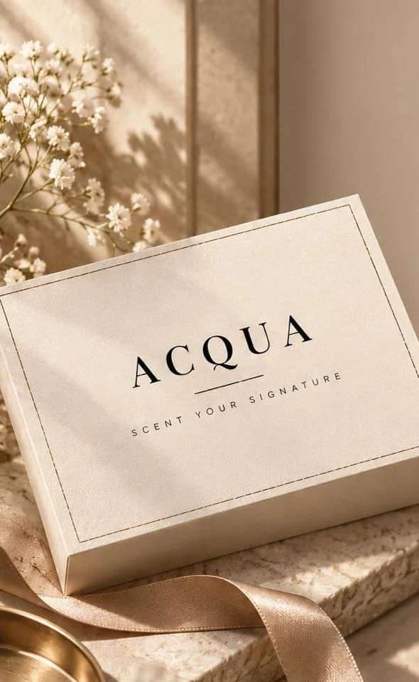 An ACQUA gift box with a satin ribbon and gypsophila